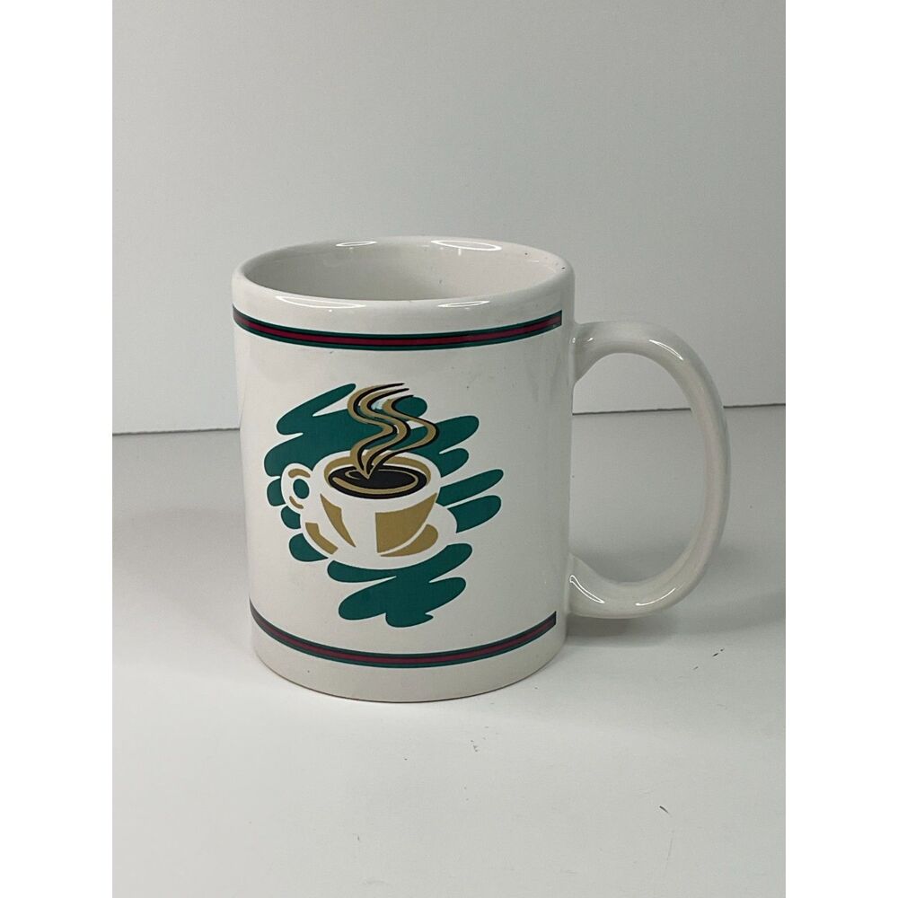 Vintage 90’s Houston Foods “Steaming Coffee” Coffee Mug Red Teal Tan Retro